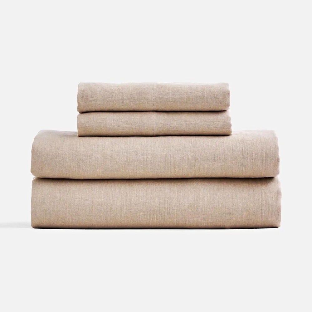 Quince 100% European Linen Sheet Set 4 Piece Queen Toffee Flat Fitted 2 Shams